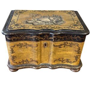 Rare John Richard Carved Ornate Style Wooden Peacock Landscape Box Gold Brown